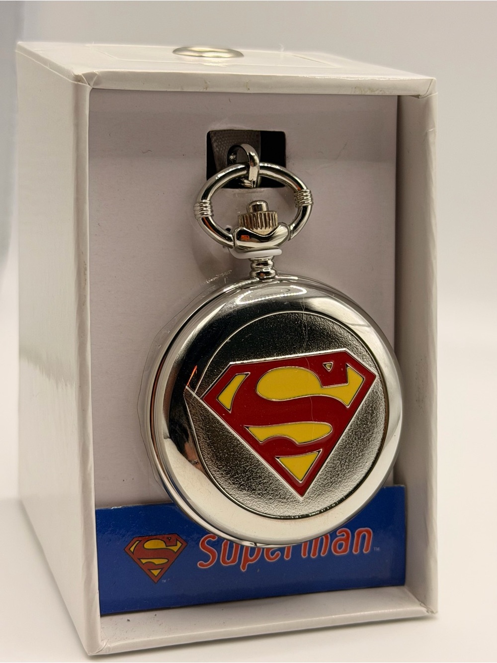 Silver Superman Pocket Watch with Red and Yellow Emblem